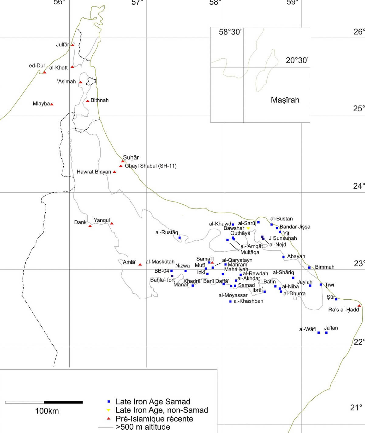 Late iron age sites map in Oman