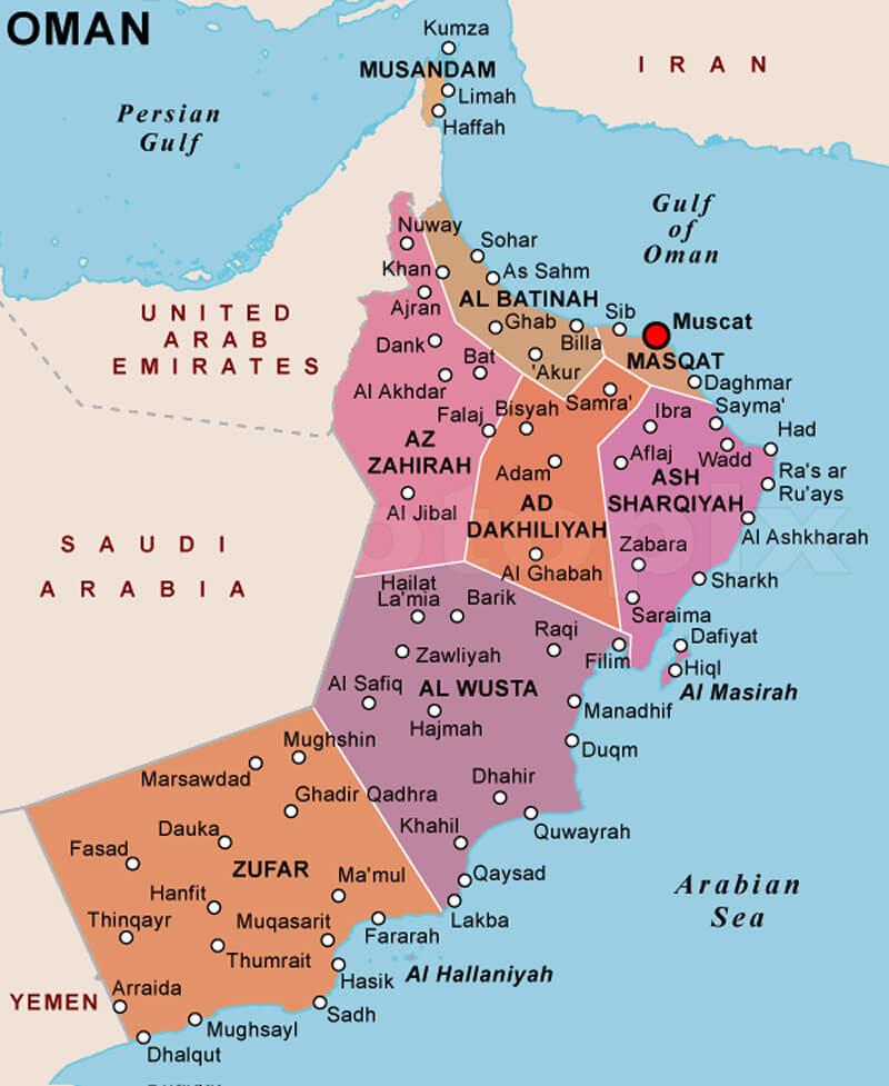 Oman provinces map with cities