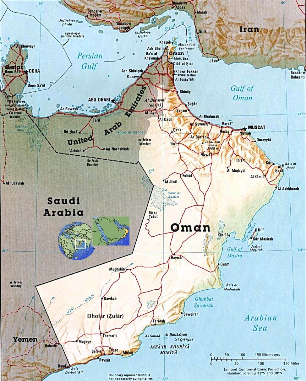 Relief map of Oman showing key geographical features and borders.