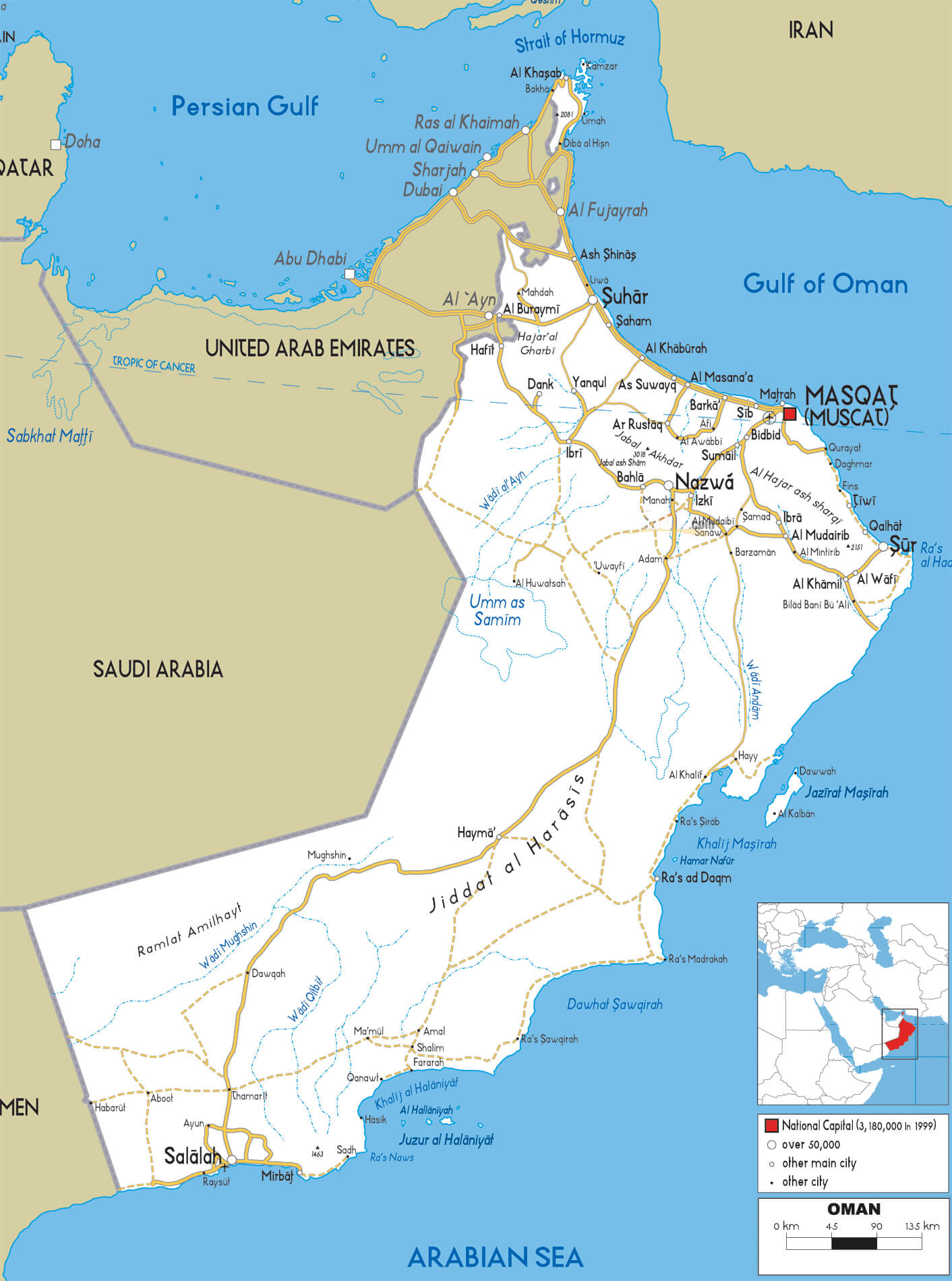 Detailed Road Map of Oman with Cities, Highways, and Neighboring Countries