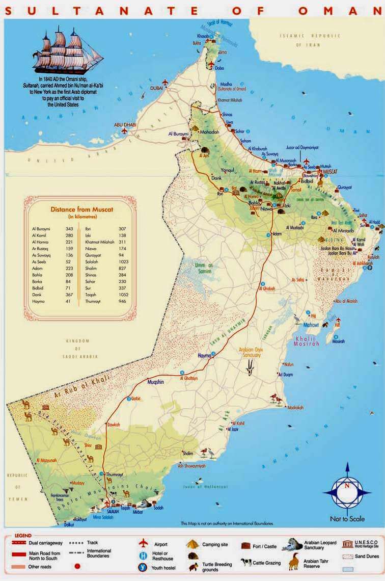 Illustrated tourist map of Oman with key attractions and distances.