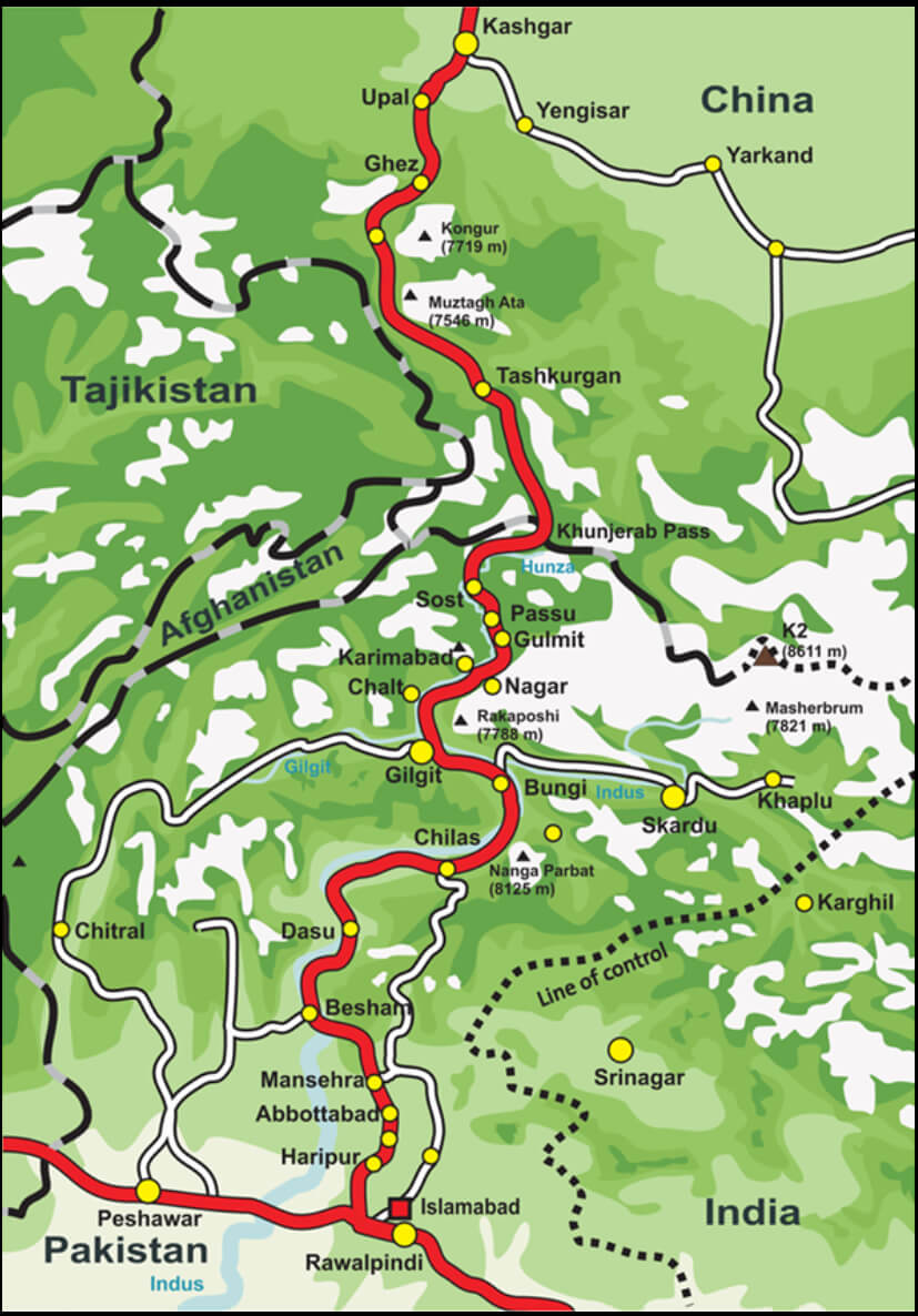 Karakoram highway connectin map to China