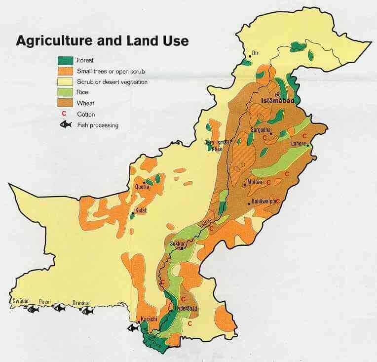 Map showing agricultural and land use in Pakistan with regions for forests, small trees, desert vegetation, rice, wheat, cotton, and fish processing areas.