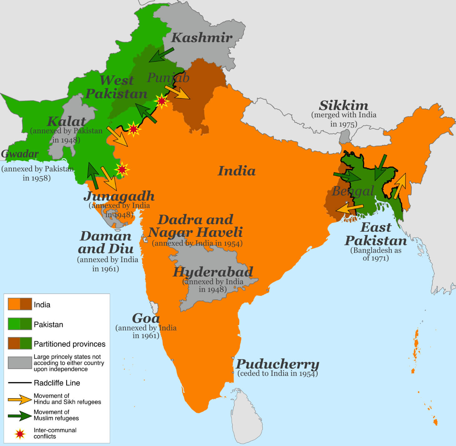 Pakistan Bangladesh independence map from India