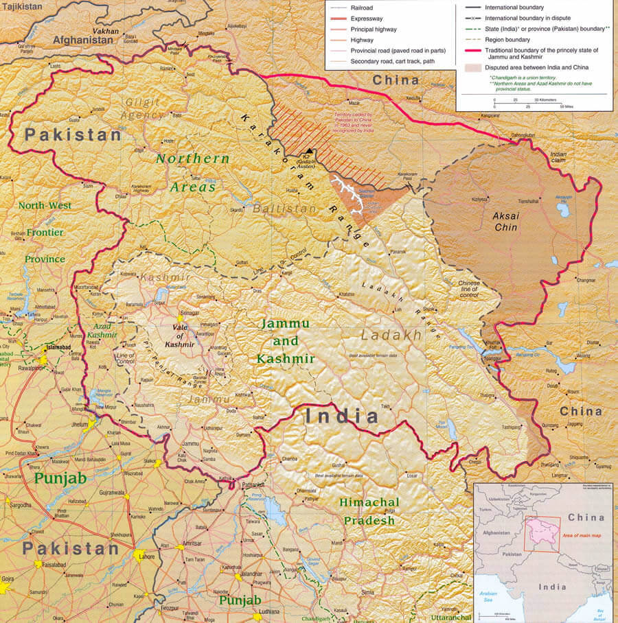 Map highlighting the disputed Kashmir region between Pakistan, India, and China.