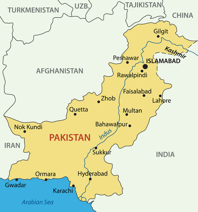Pakistan Major Cities Map with Borders and Indus River