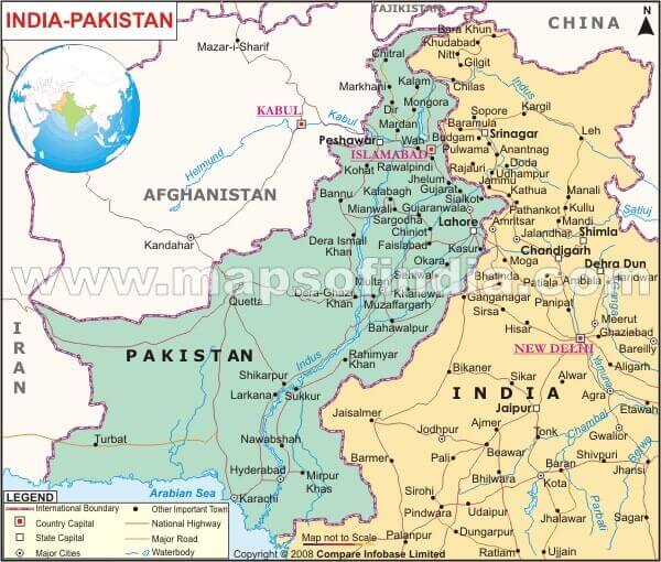 Political map highlighting India-Pakistan and Afghanistan border areas.