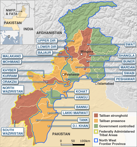 Map showing Taliban presence and control in northwest Pakistan.