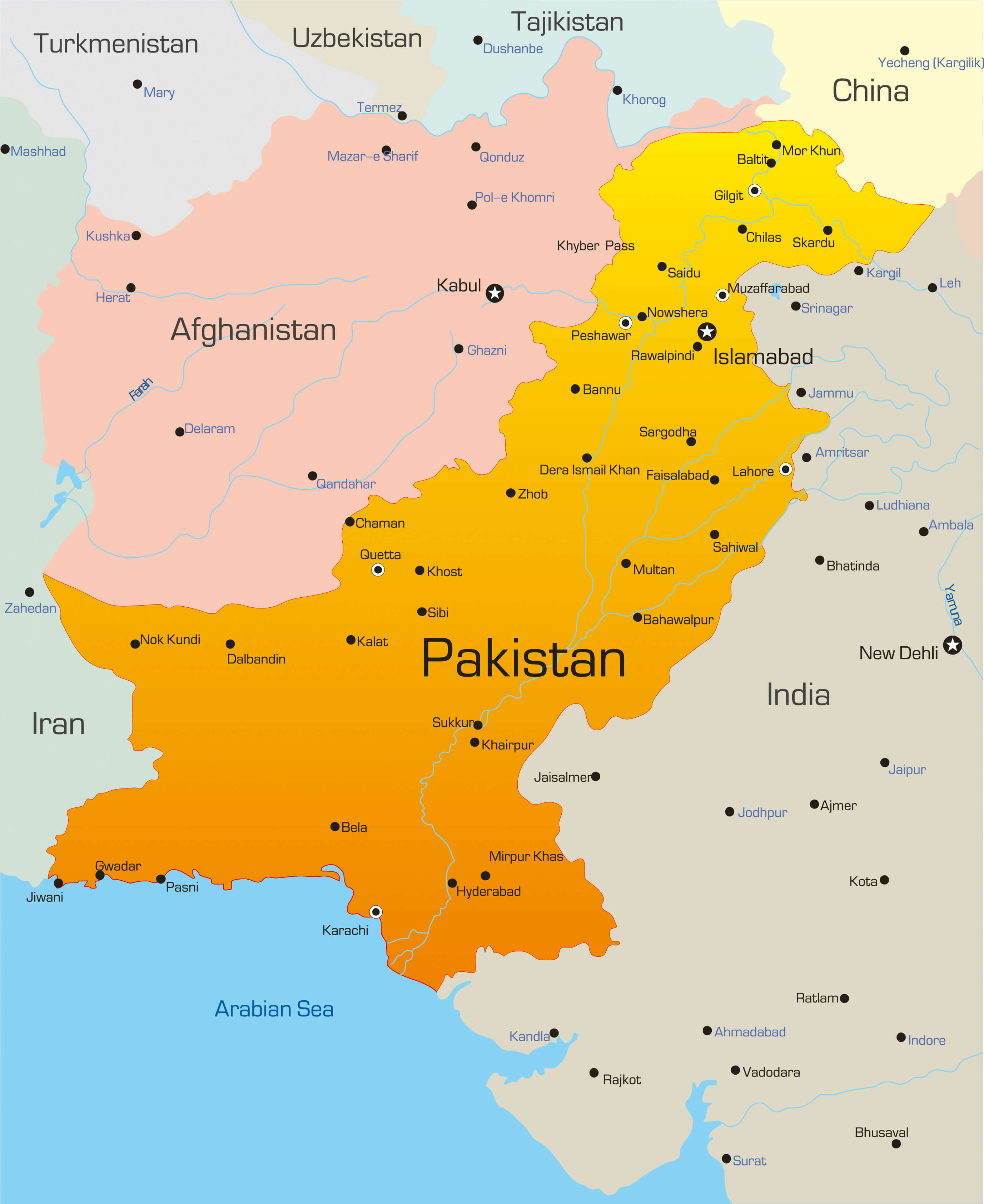 Pakistan map with cities, borders, rivers, and neighboring countries