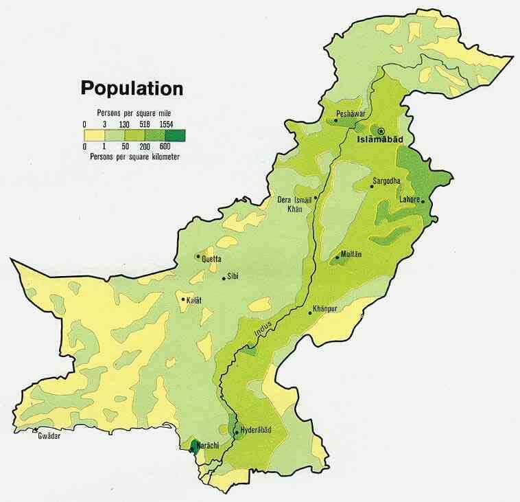 Map showing population density in Pakistan by region.