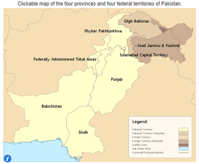 Pakistan Provinces Map with Federal Territories