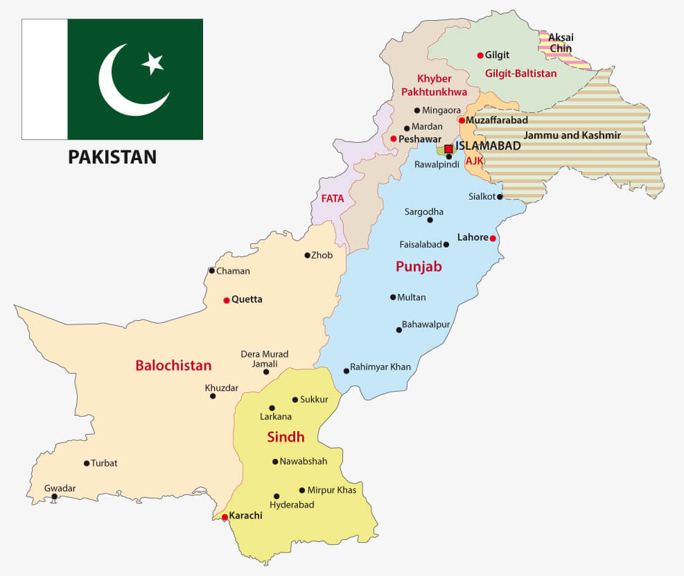 Pakistan regions map with flag and cities