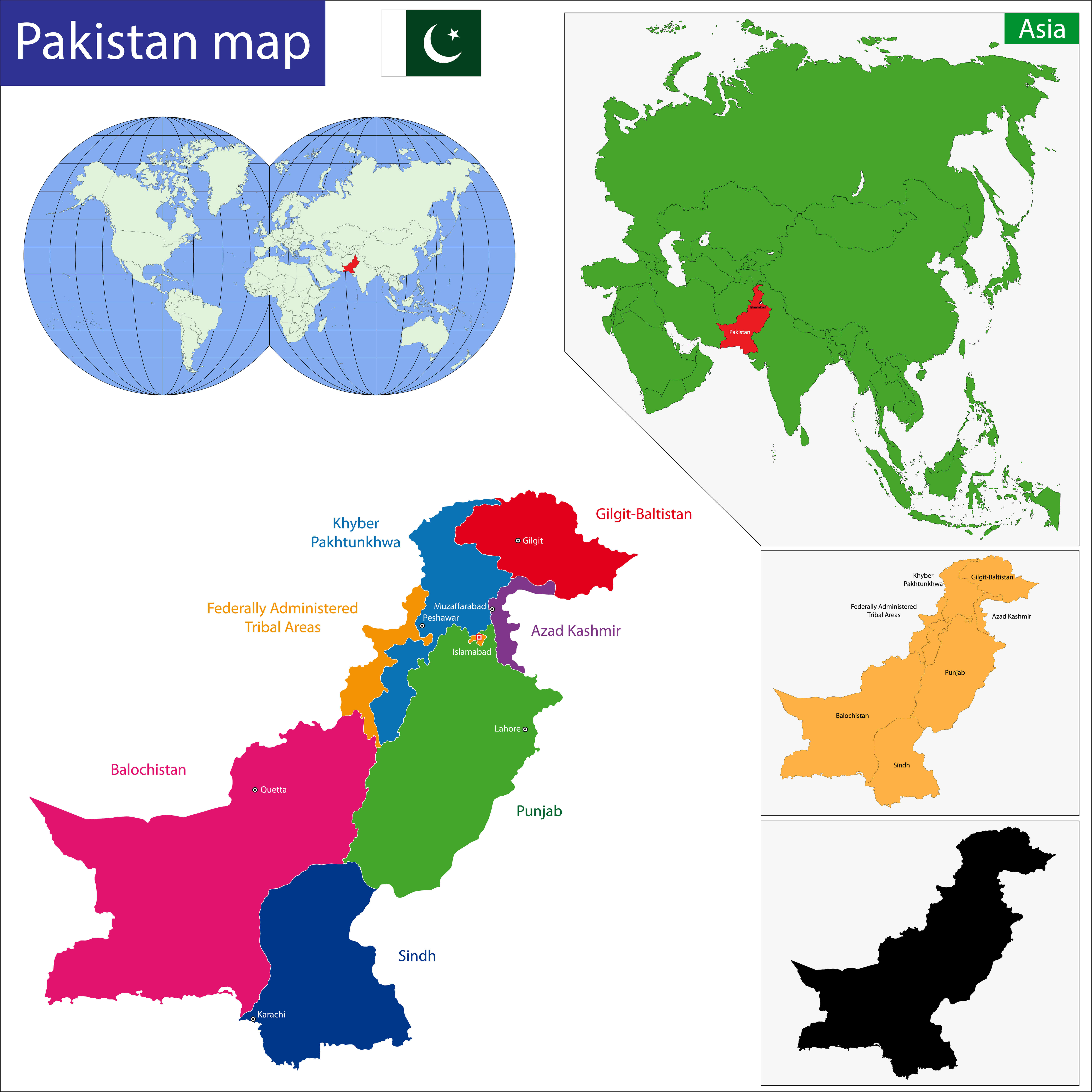 Pakistan location in the world, Asia, and its provinces