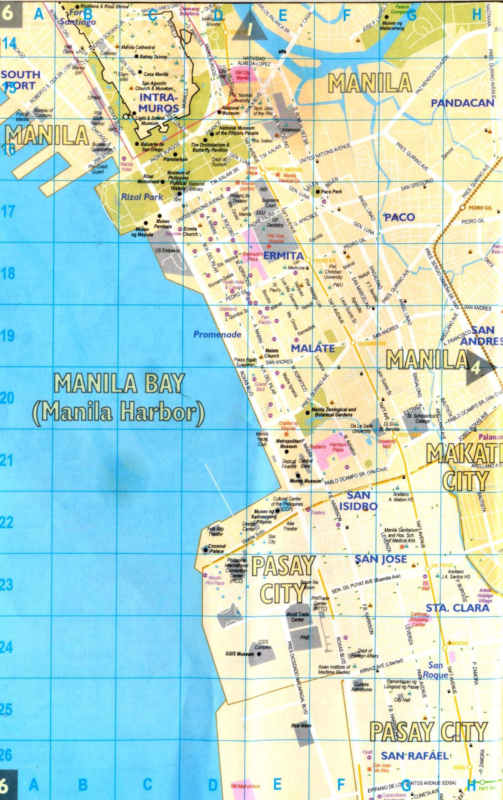 Manila Bay map showing landmarks, Intramuros, and Pasay City.
