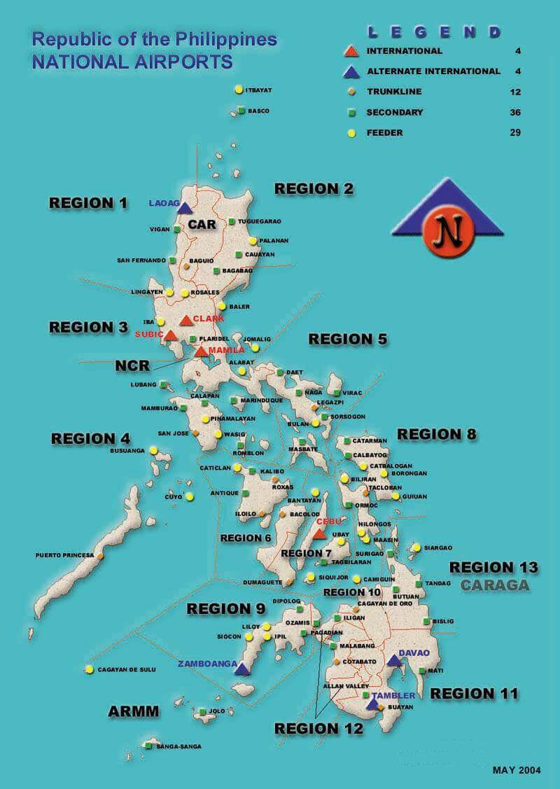 Philippines airport map showing regions and airport types.