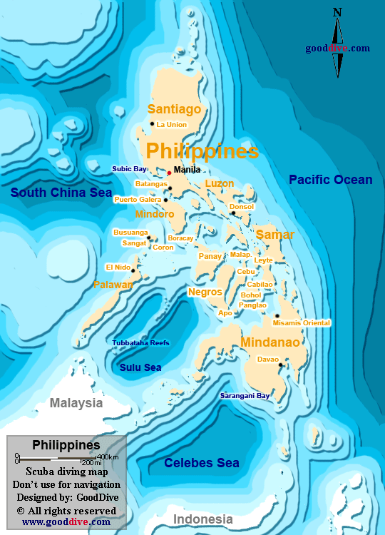 Philippines map highlighting scuba diving locations and seas.