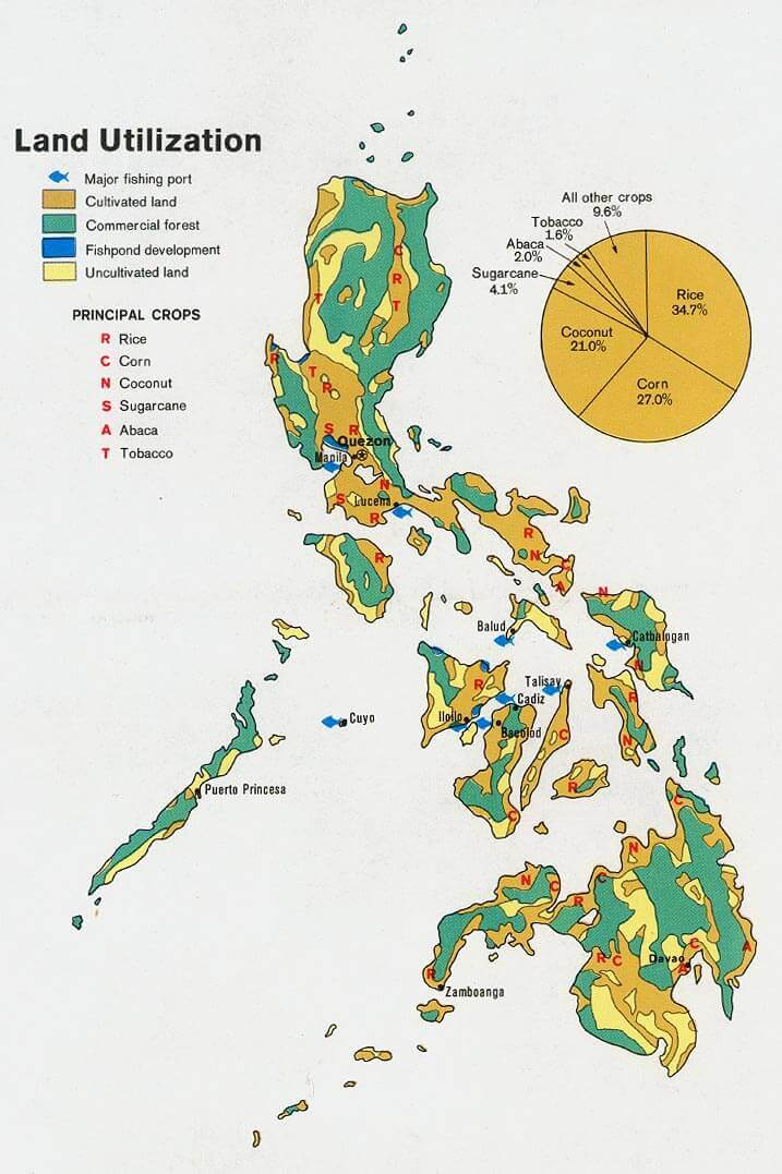 Map of the Philippines showing land use, crops, and fishing areas.