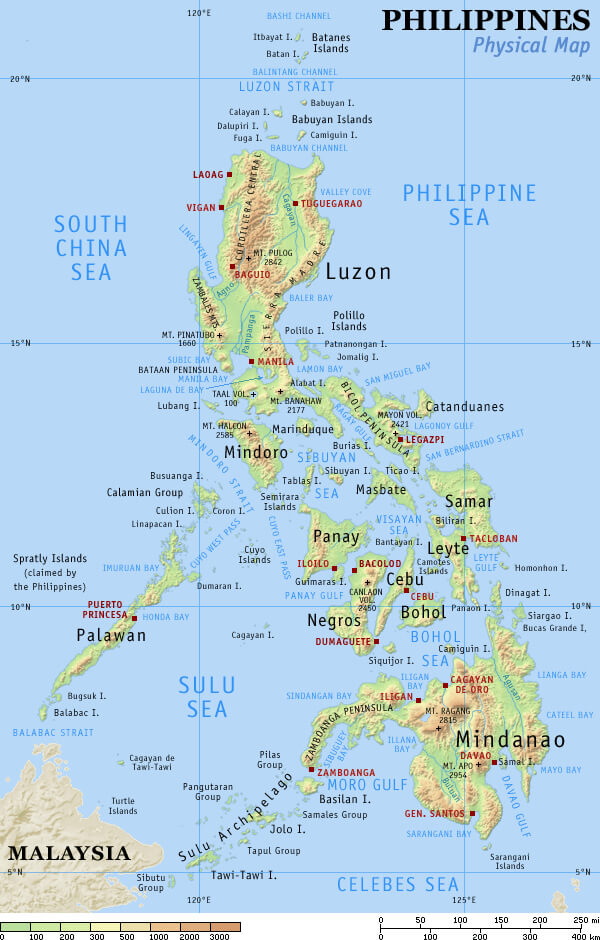 Philippines physical map with cities