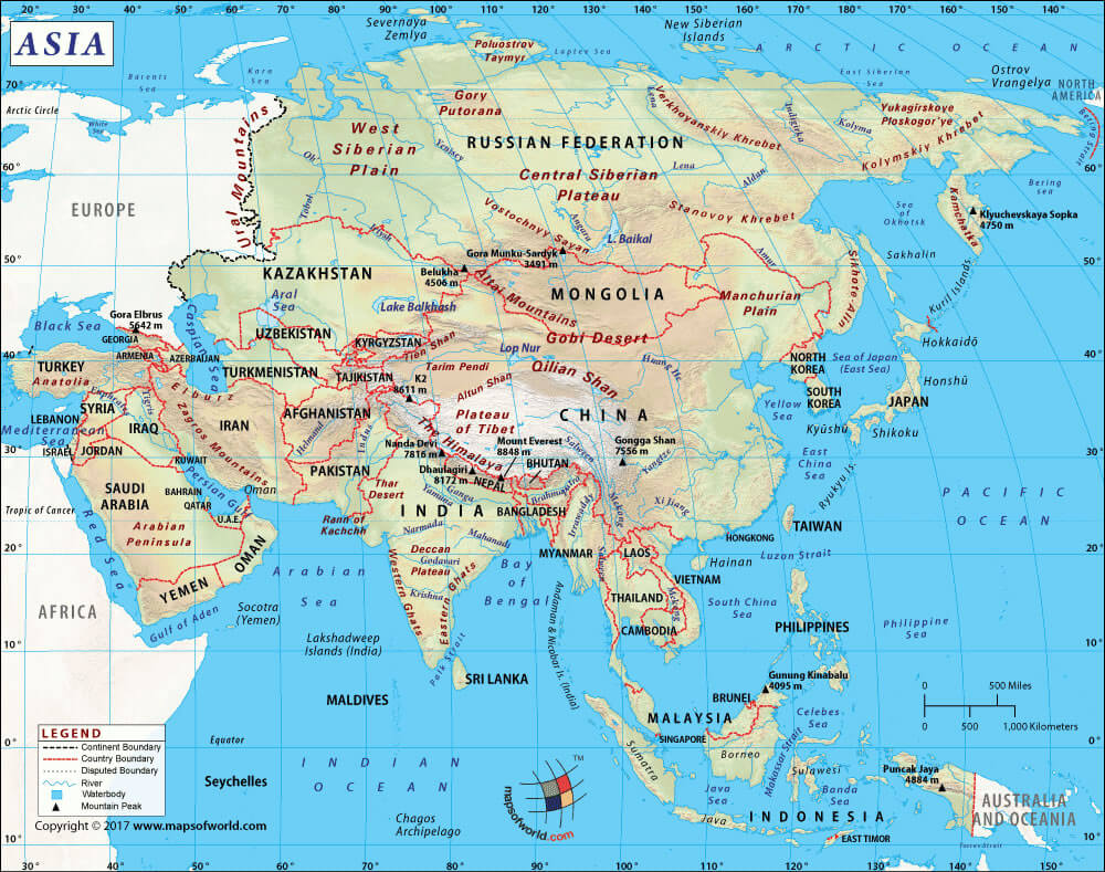 Asia mountainous ranges map