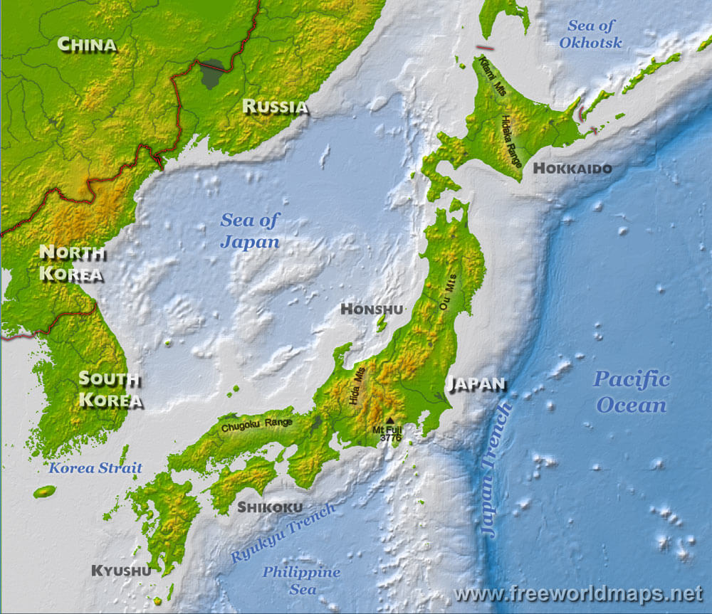 Asia physical map with japan