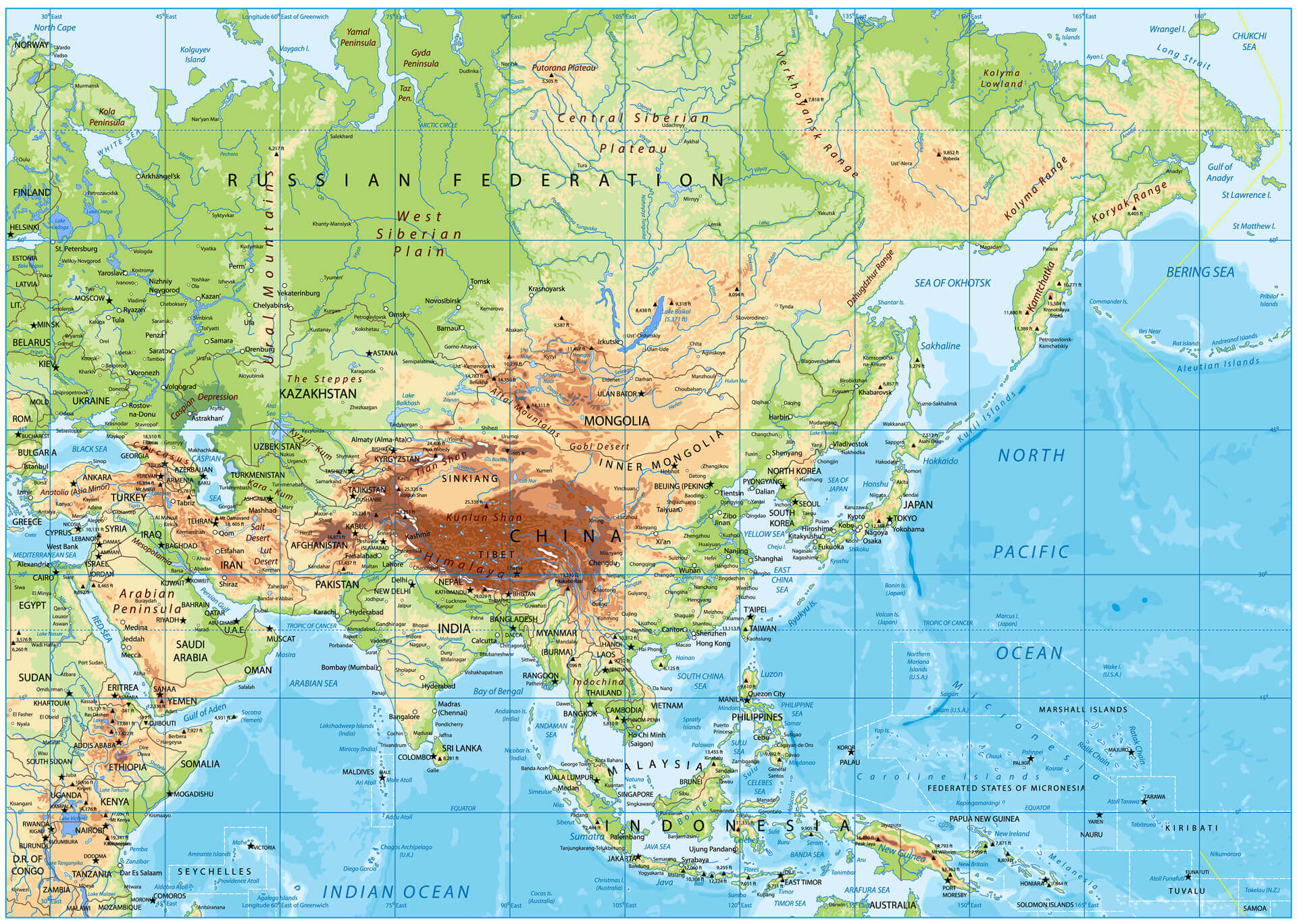 Asia physical map with rivers and Lakes