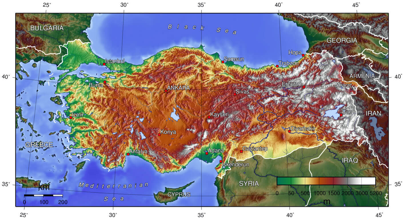 Detailed topographical map of Turkey