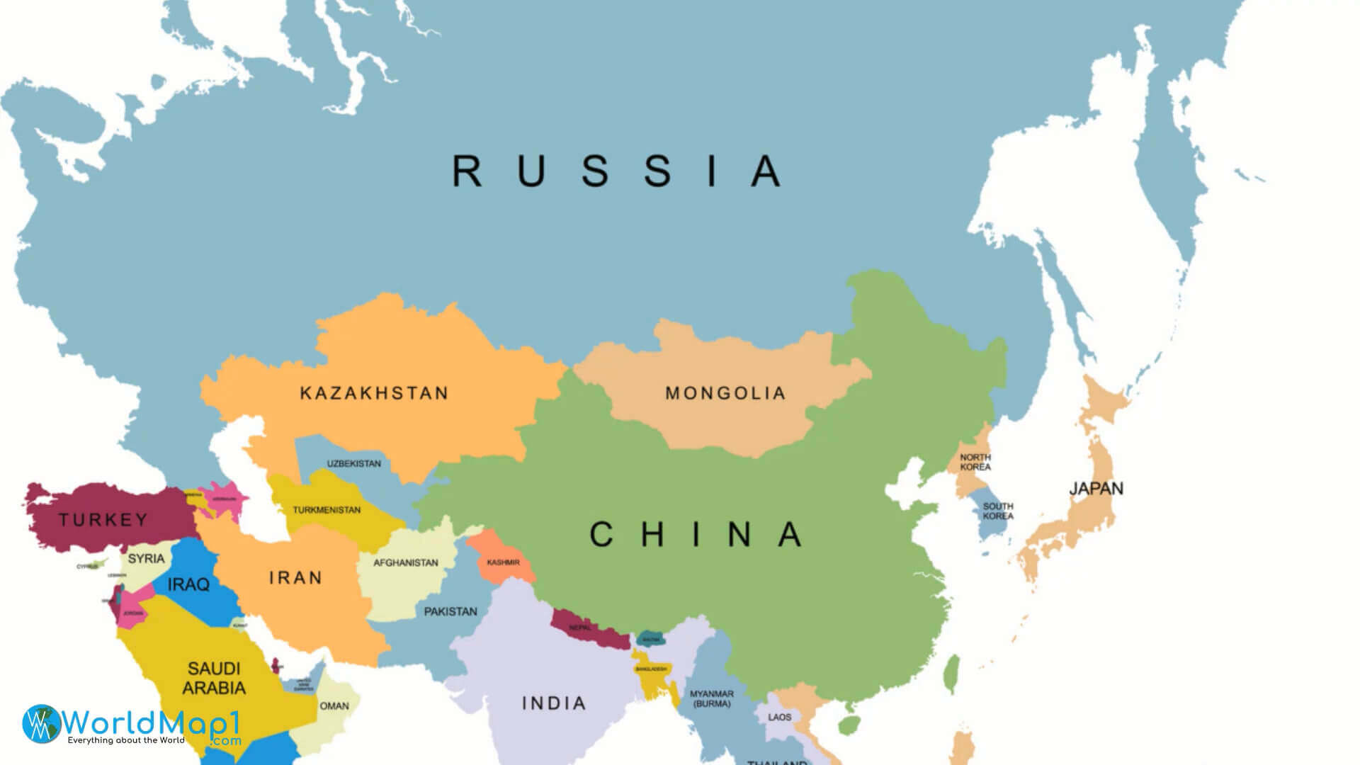 Asia map with Russia and China