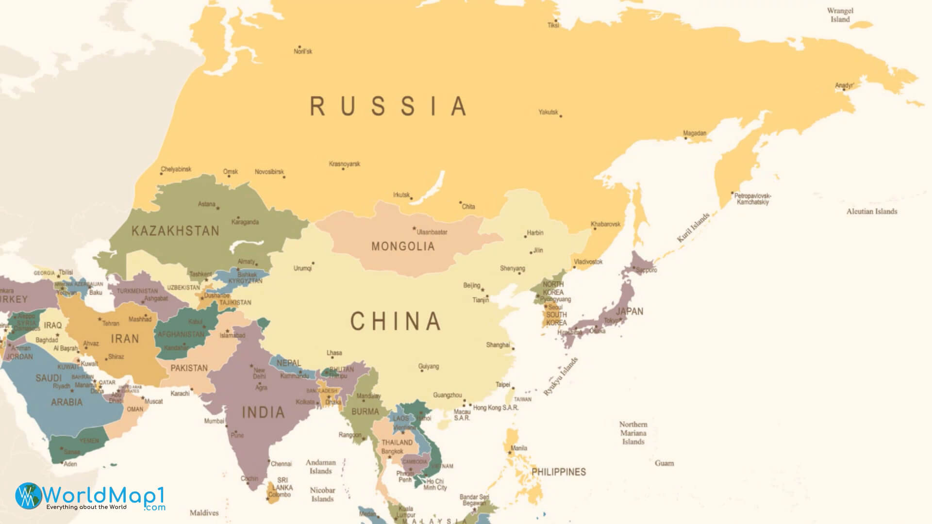Asia political map with main cities