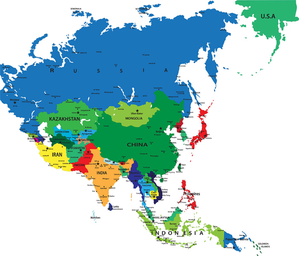 Russia map with Asia continent map