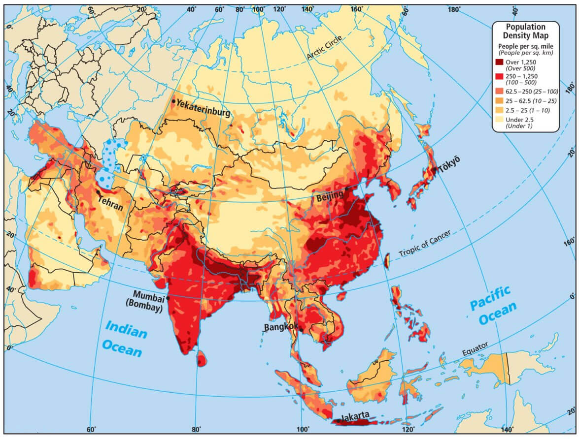 Asia population density map