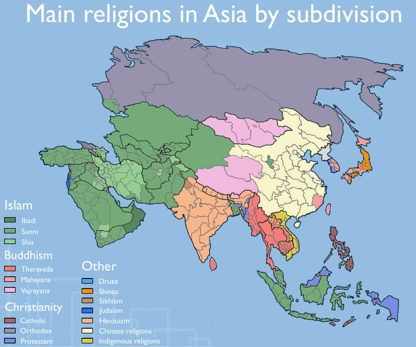 Main religions map in Asia by subdivisions