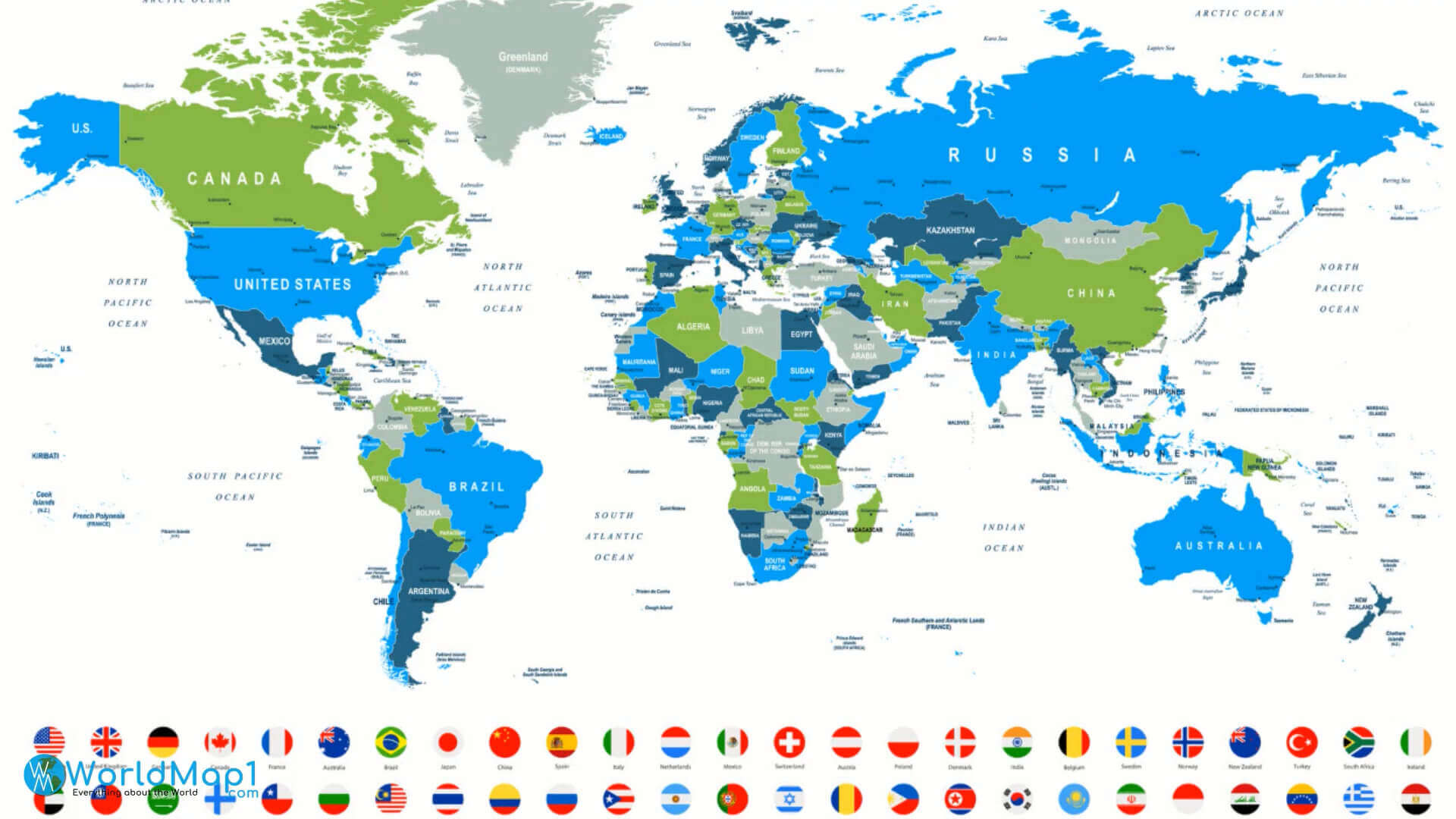 World and Asian countries map with flags
