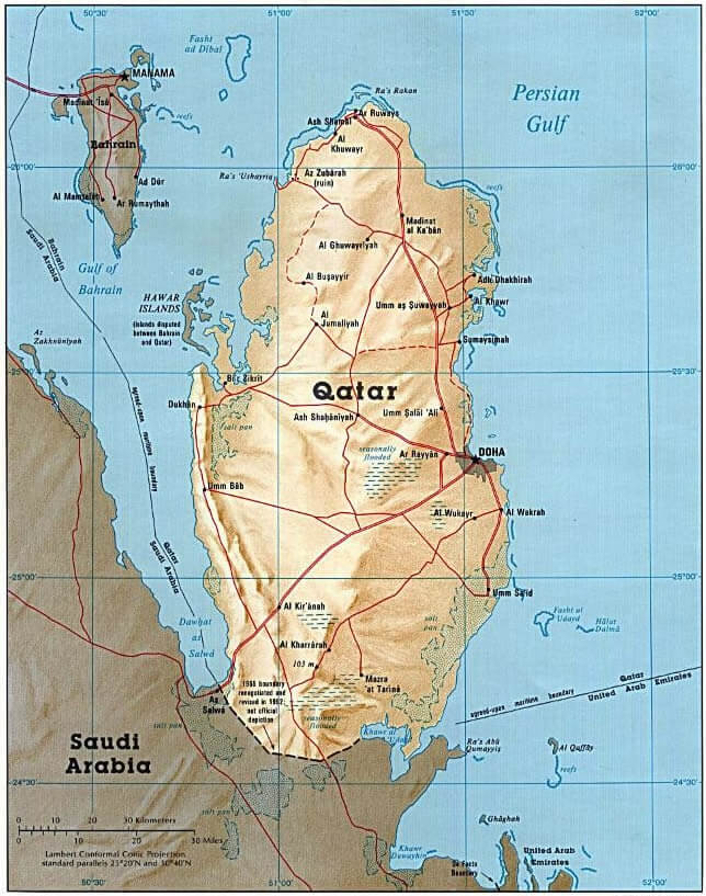 Detailed political map of Qatar with relief roads and cities