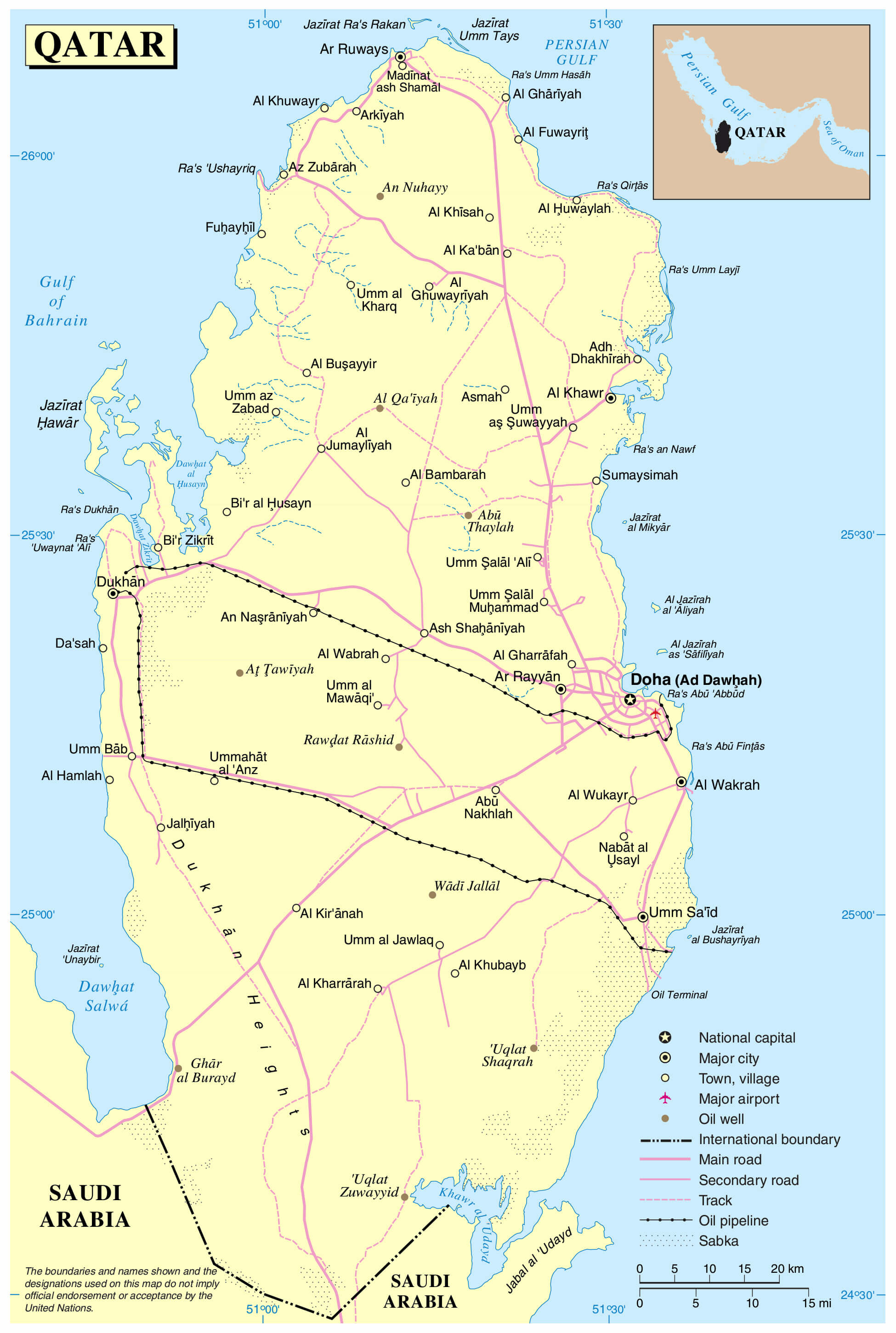 Large detailed political map of Qatar with roads cities airports