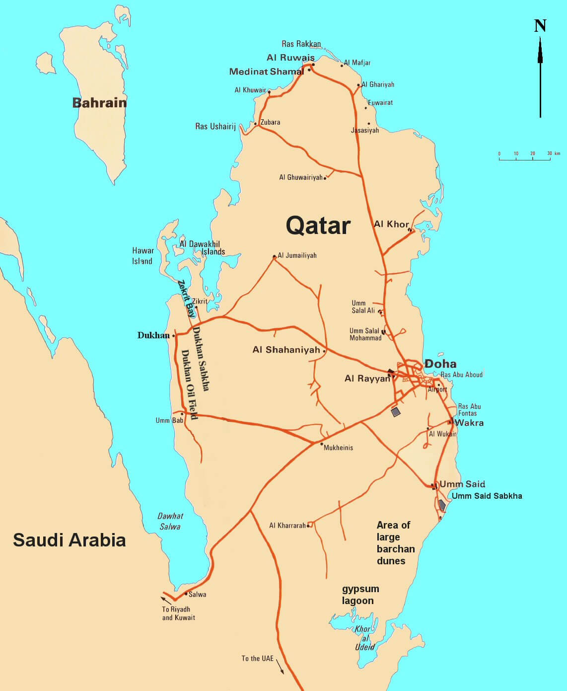 Qatar road map with cities