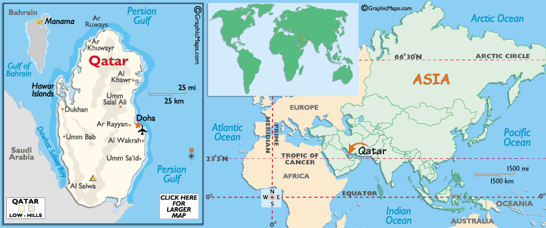 World map with Qatar