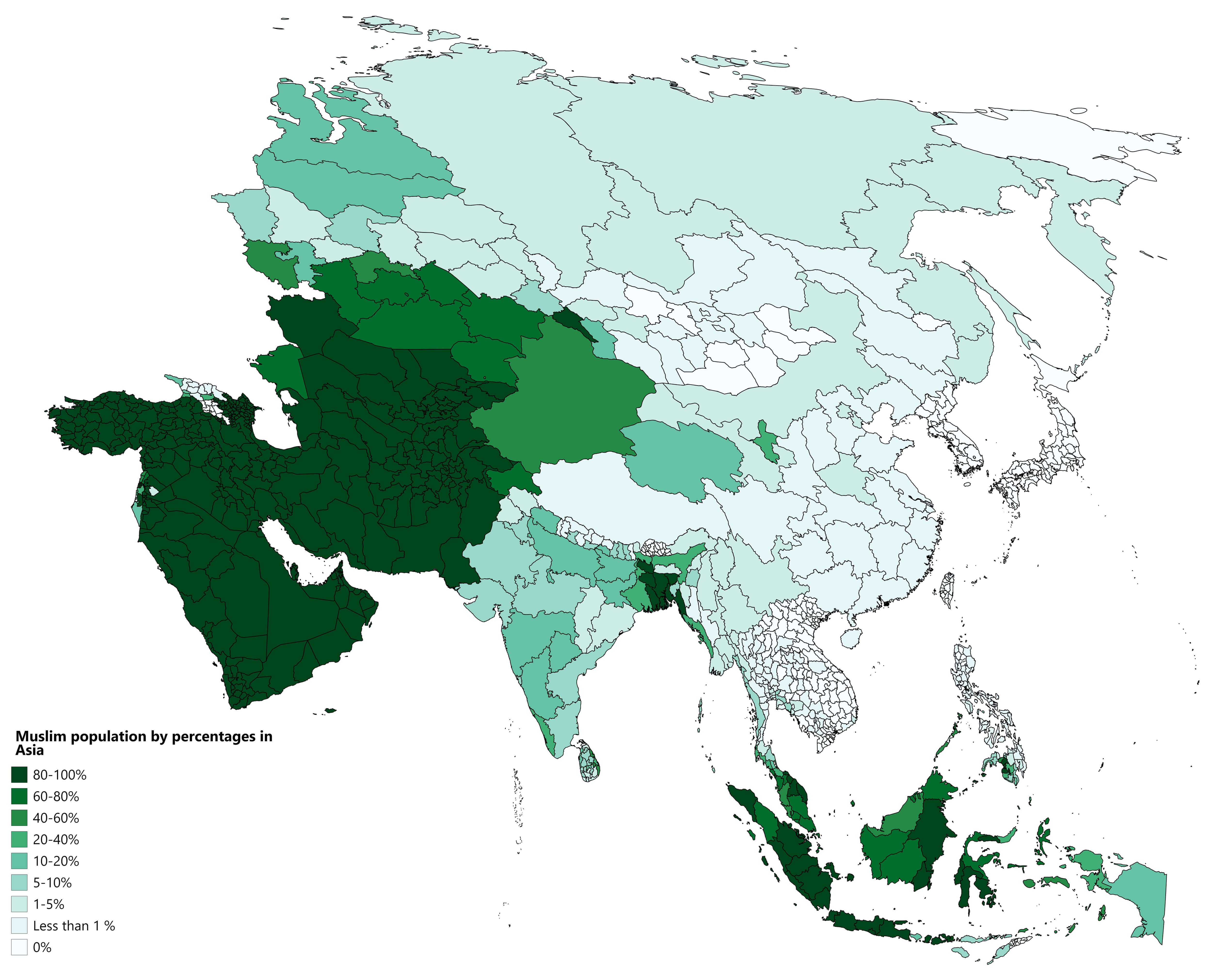 Muslim population map by percentages in Asia