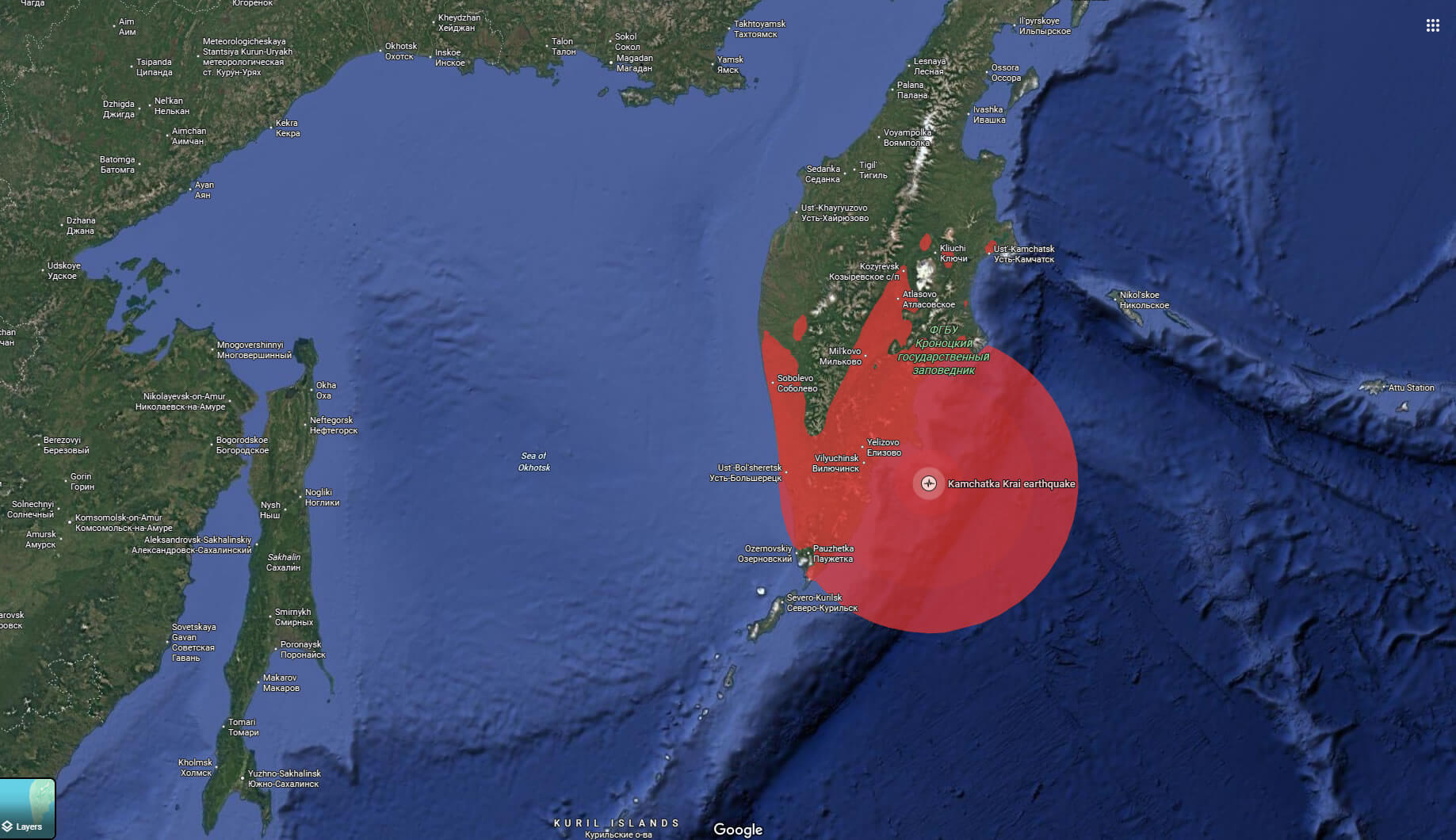 8.8 Kamchatka Krai earthquake satelltie map Russia 30th july 2025