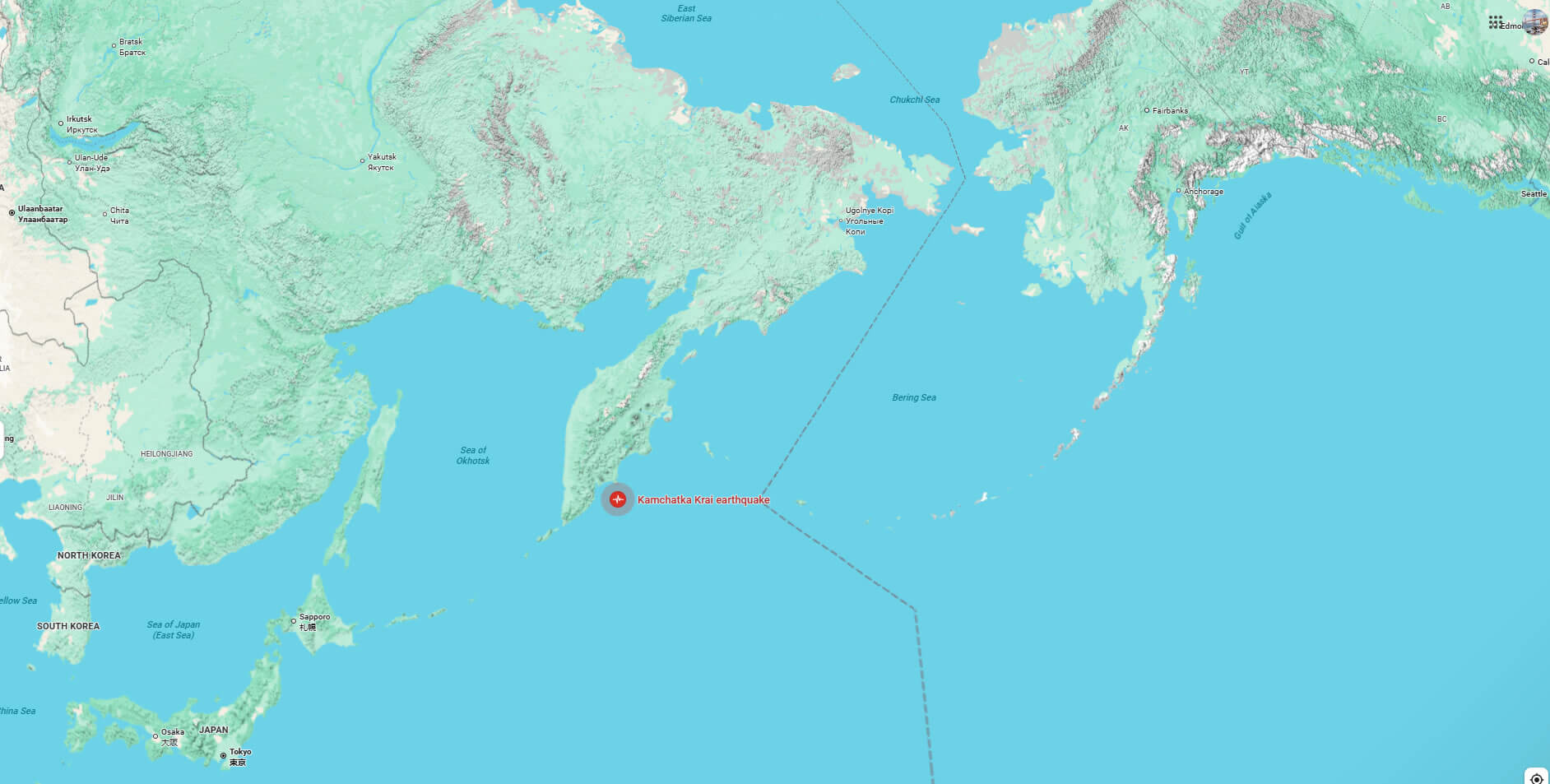 8.8 Kamchatka Krai earthquake terrain map Russia 2025
