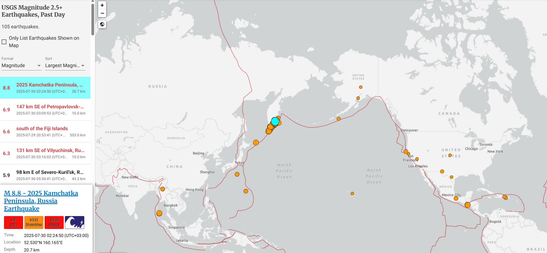 Kamchatka earthquake map in eastern Russia 2025