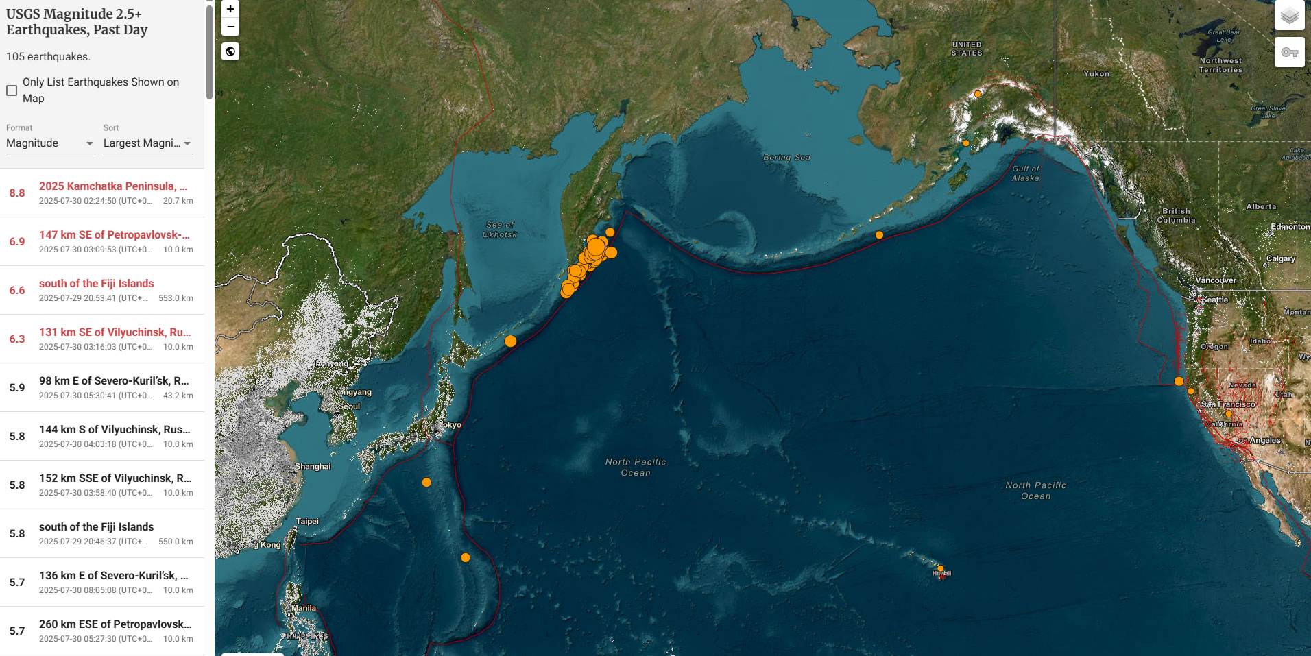 Russia 8.8 magnitute earthquake map 30th july 2025
