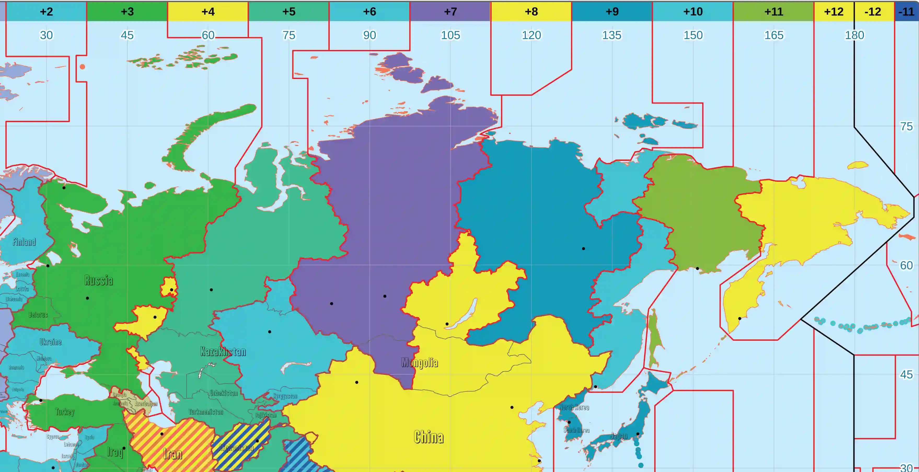 Russia and Asia time zones map with utc 2 12