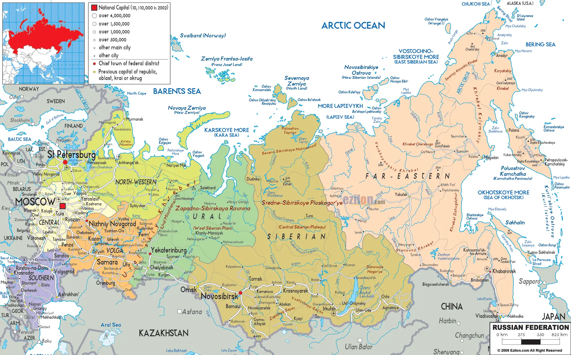 Russia political map and day light times
