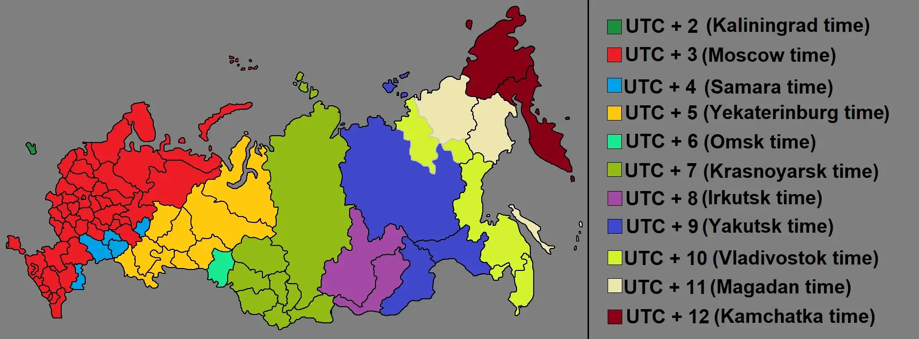 Russia time zones map with utc 2 12