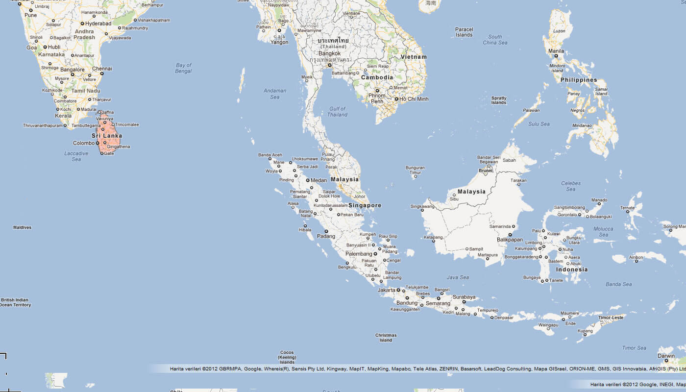 Map showing Sri Lanka near India and Southeast Asia.