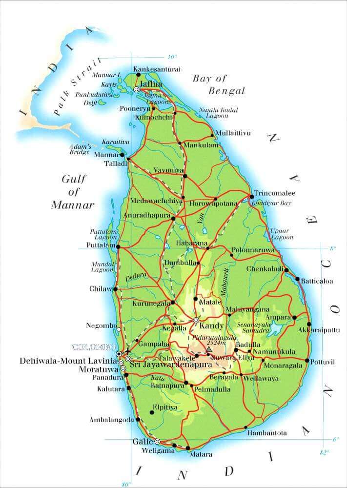 Sri Lanka map with cities, roads, and geographic features.