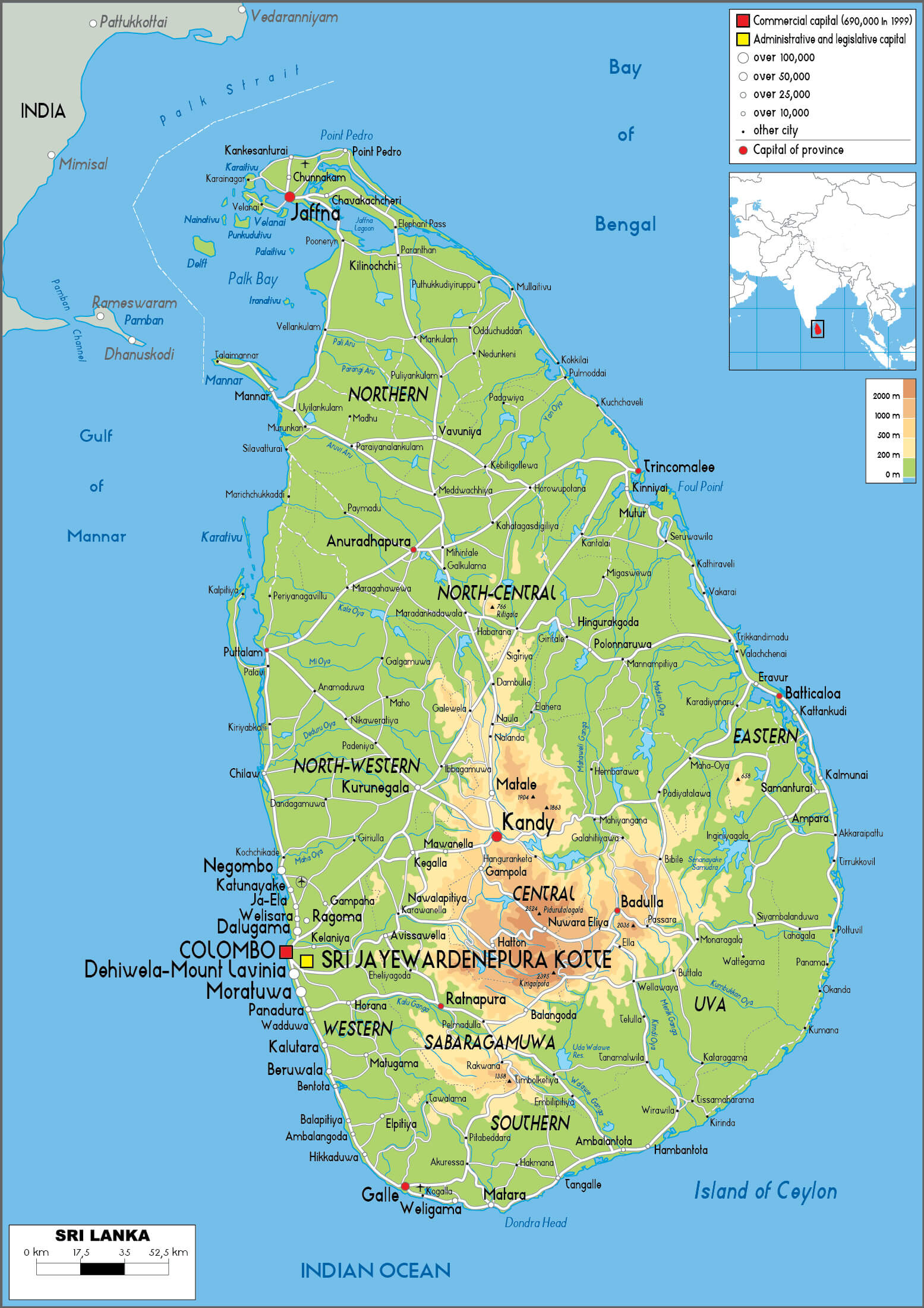 Physical map of Sri Lanka with cities, provinces, and elevation.
