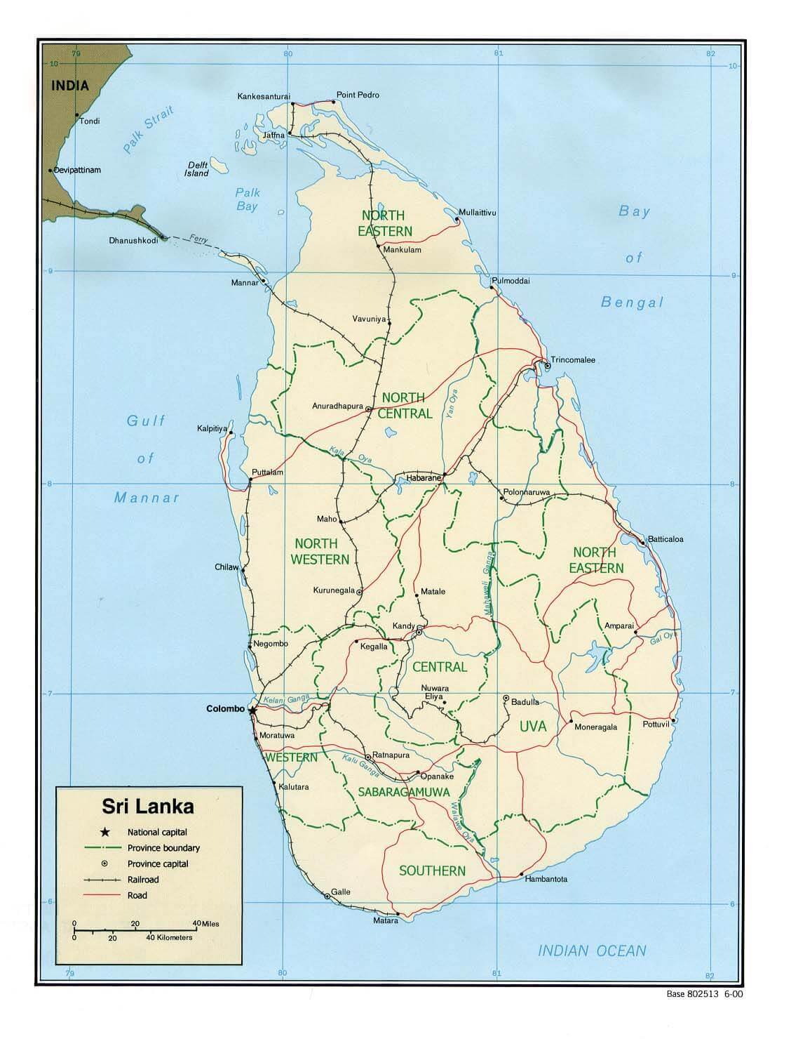 Political map of Sri Lanka showing provinces and roads.