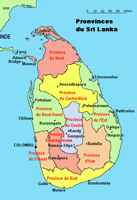 Regional map of Sri Lanka highlighting provinces in different colors.