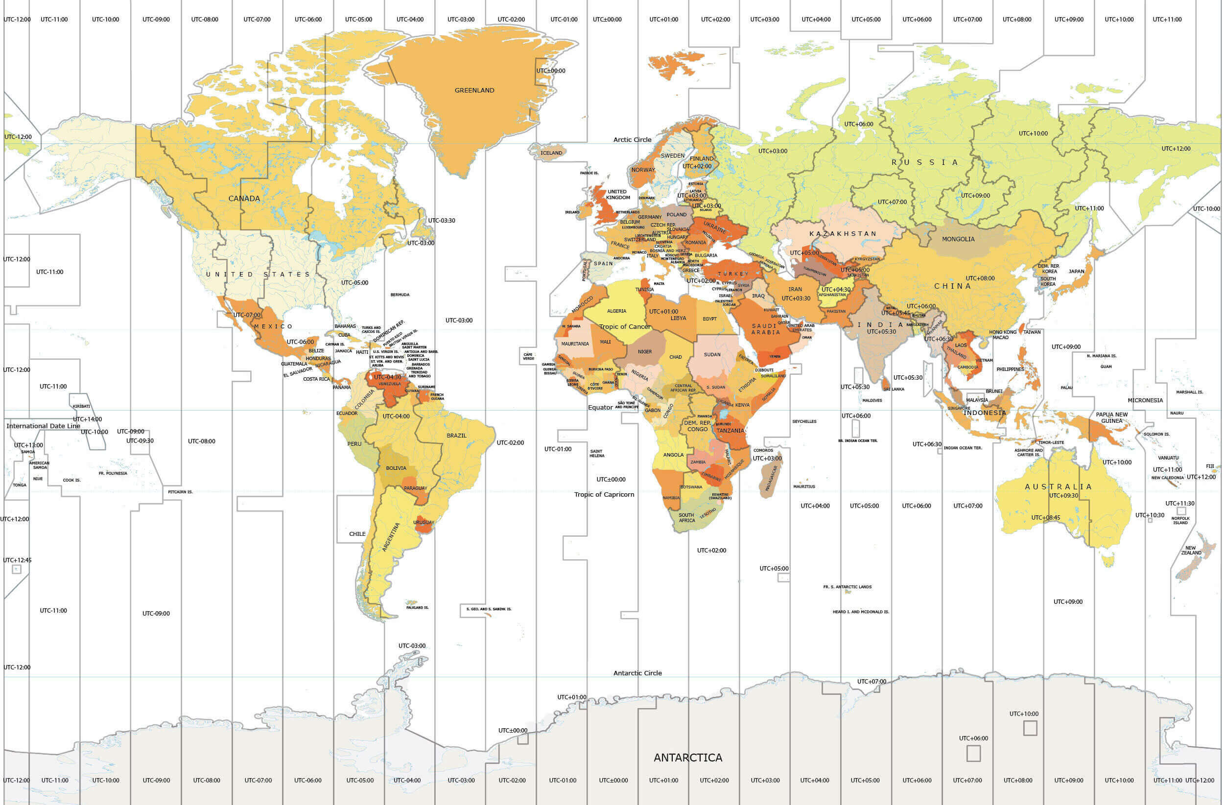 Asia time zones map with World continents